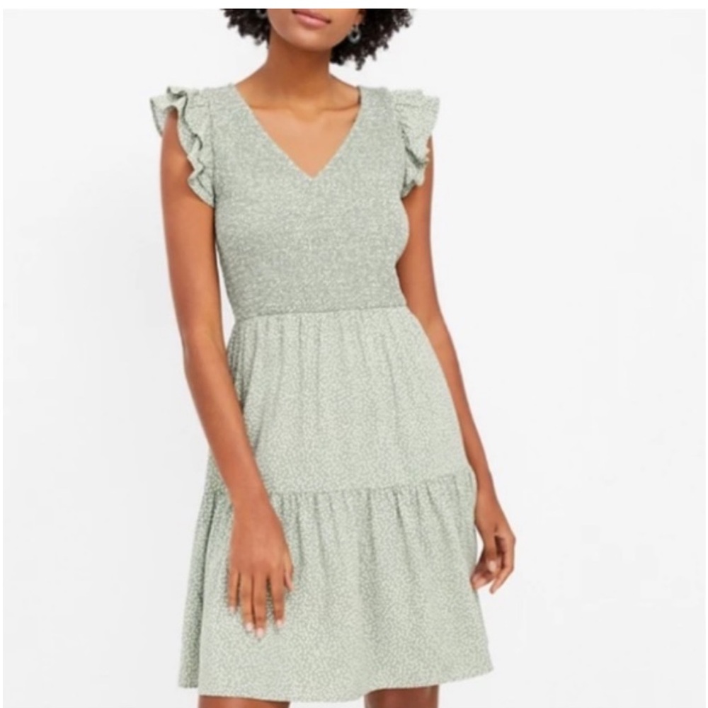 LOFT Ann Taylor Green Polka Dot Ruffle Flutter Sleeve Dress